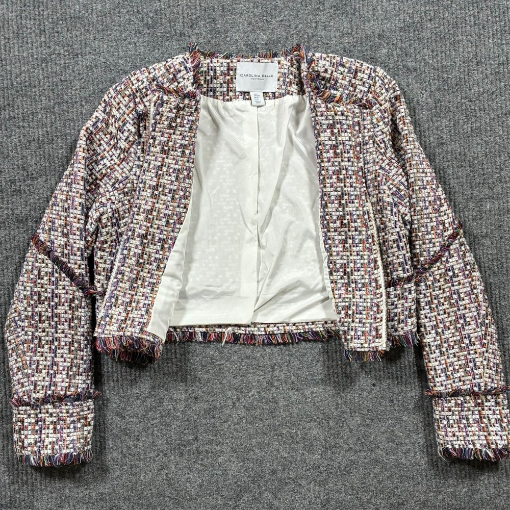 Carolina Belle Womens Tweed Jacket Size M Multicolor‎ Textured Cropped Fringe
